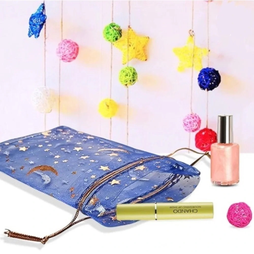 12 Count - Moon + Star Small Jewelry Organza Drawstring Bags, ~4 x 5 inches